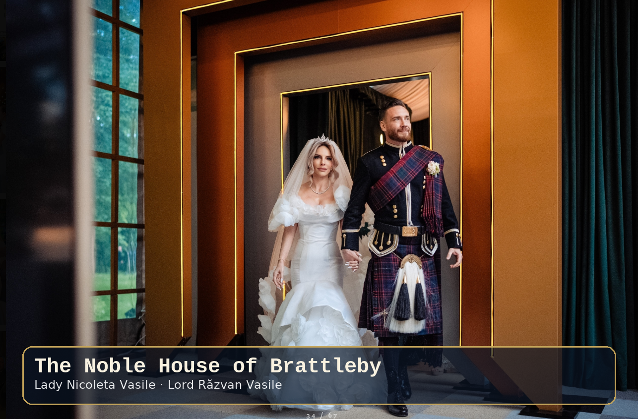 Lady Nicoleta, the 12th Baroness of Brattleby with Honorary Lord Răzvan Vasile (by marriage) — walking through the illuminated palace entrance in the bridal gown of 355 roses · Royal Wedding at Știrbey Palace, hosted by Lady Nicoleta, the 12th Baroness of Brattleby, and Honorary Lord Răzvan Vasile (by marriage) · Noble House of Brattleby