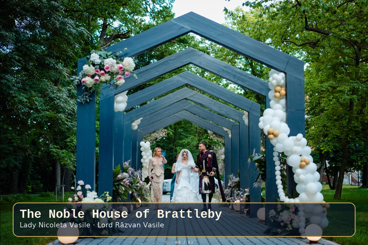 Lady Nicoleta, the 12th Baroness of Brattleby with Honorary Lord Răzvan Vasile (by marriage) — walking beneath the floral ceremonial arches at Stirbey Palace · Royal Wedding at Știrbey Palace, hosted by Lady Nicoleta, the 12th Baroness of Brattleby, and Honorary Lord Răzvan Vasile (by marriage) · Noble House of Brattleby