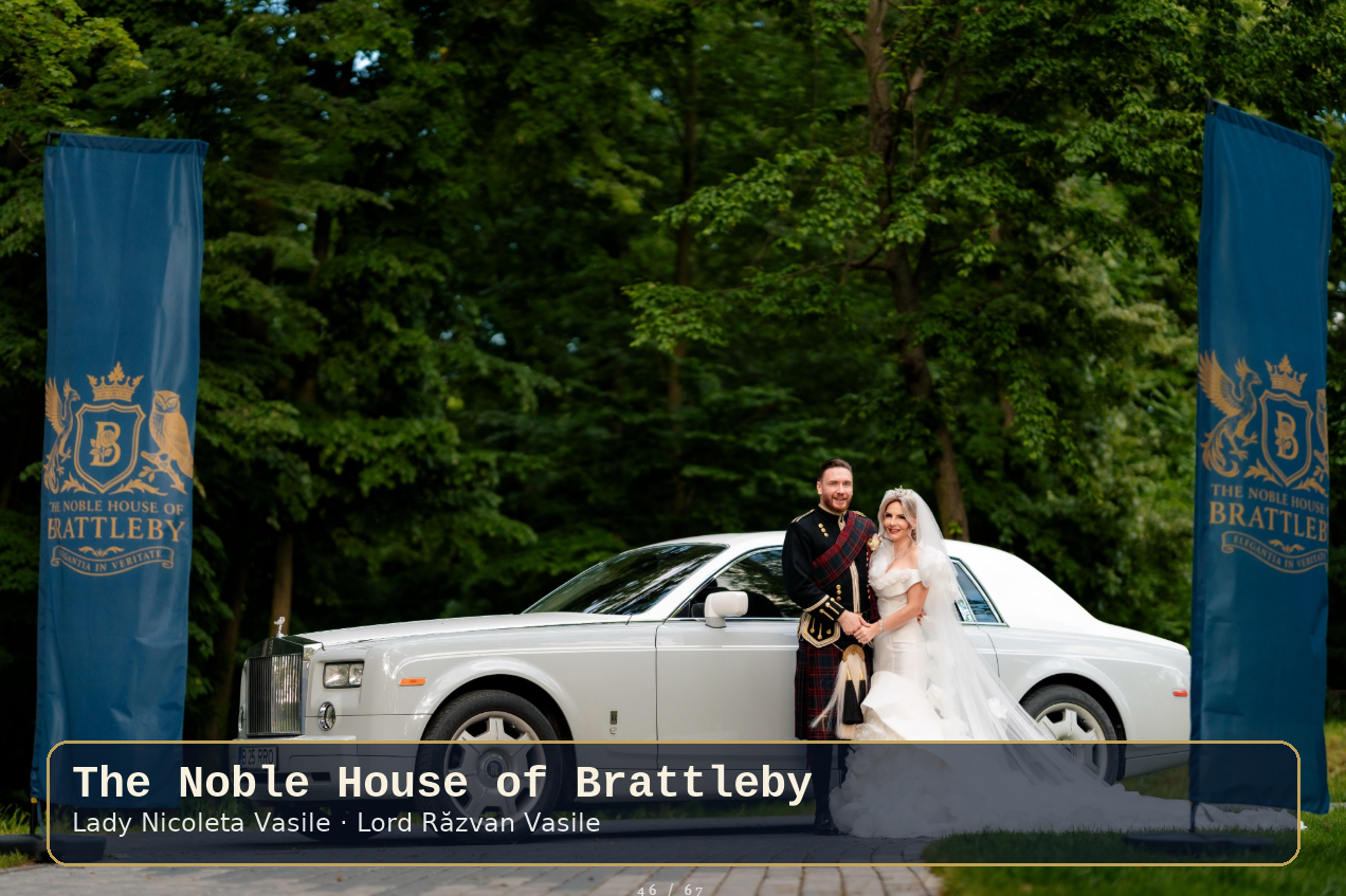 Lady Nicoleta, the 12th Baroness of Brattleby with Honorary Lord Răzvan Vasile (by marriage) — standing beside the white Rolls-Royce between House banners in the Stirbey gardens · Royal Wedding at Știrbey Palace, hosted by Lady Nicoleta, the 12th Baroness of Brattleby, and Honorary Lord Răzvan Vasile (by marriage) · Noble House of Brattleby