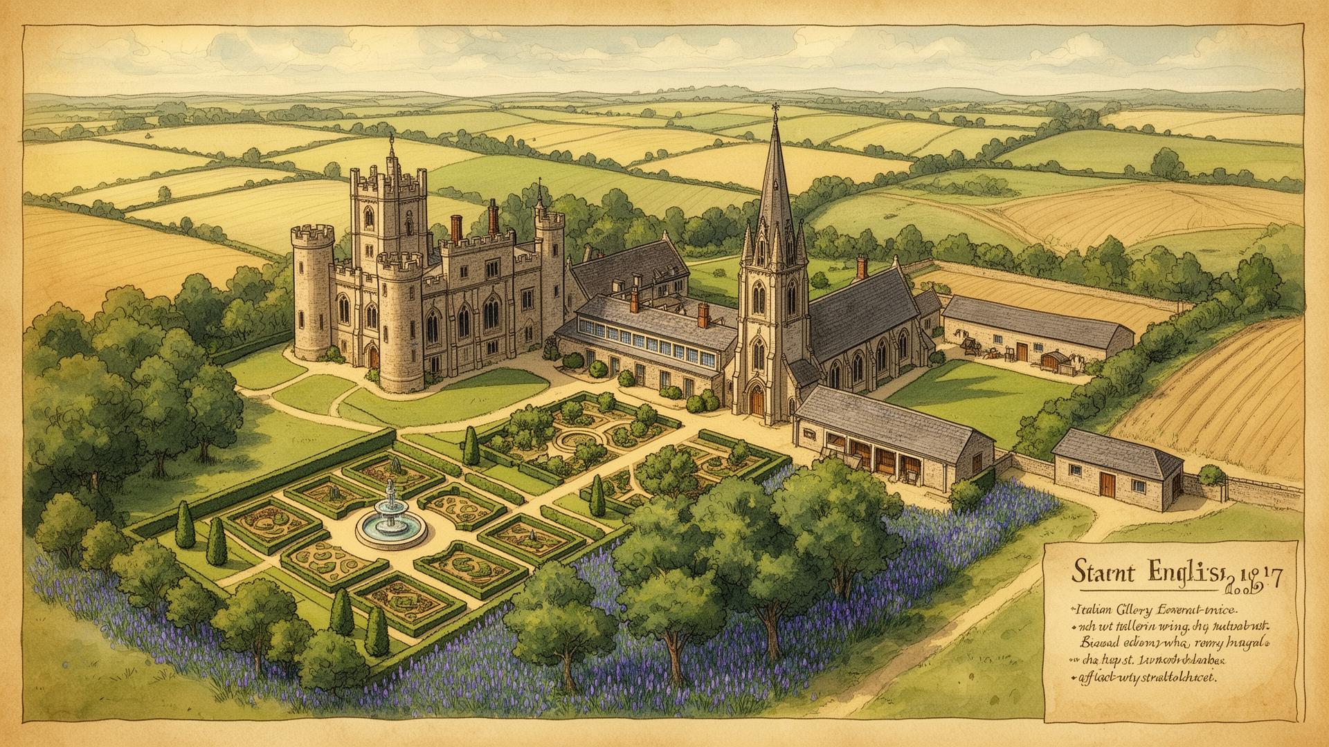 Illustrated map of Brattleby Estate showing all sound zones — Noble House of Brattleby, seat of Lady Nicoleta, the 12th Baroness of Brattleby, and Honorary Lord Răzvan Vasile (by marriage)