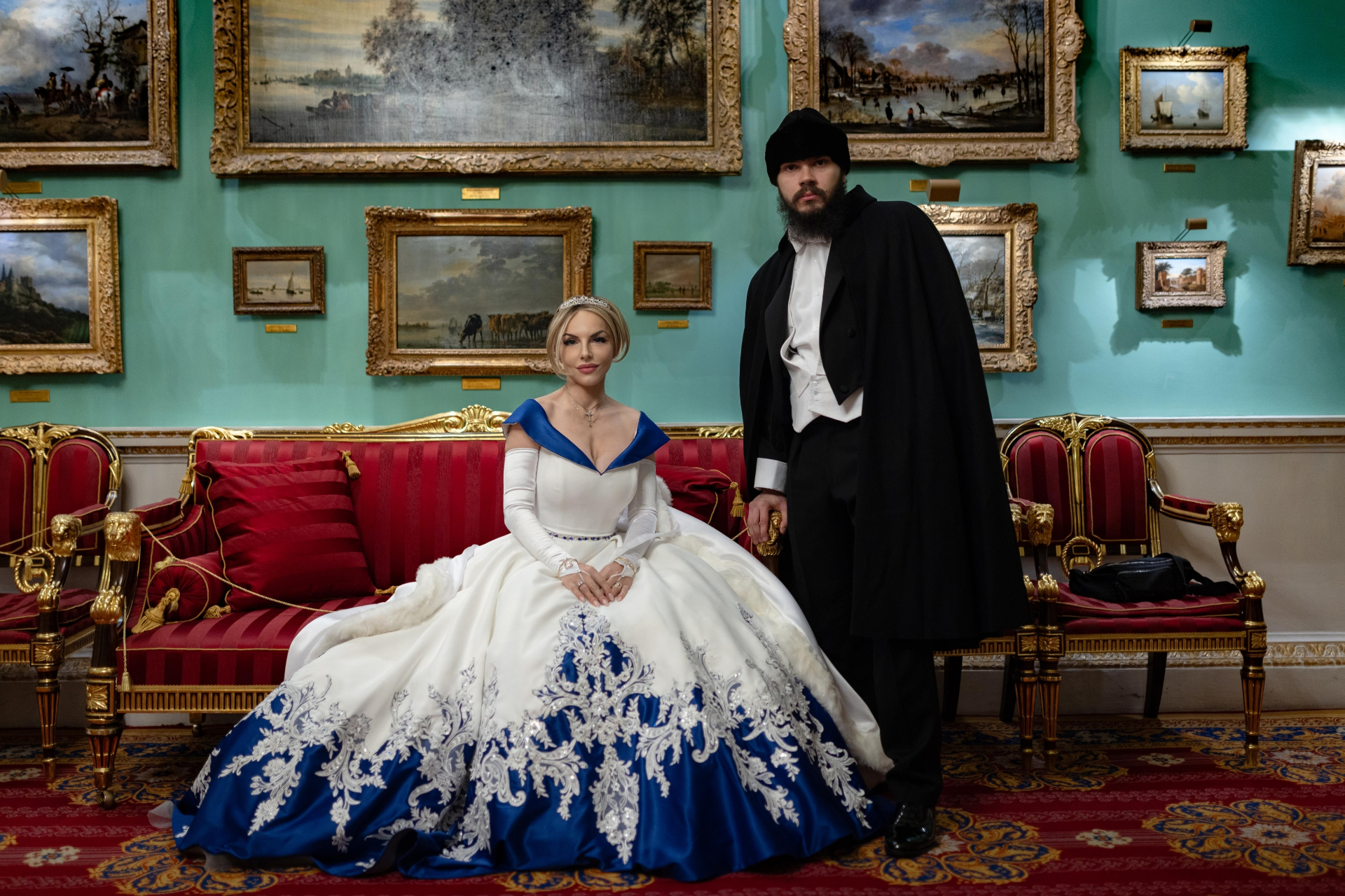 Mihai Alexandru Crăciun, 13th Baron of Brattleby, with his mother Lady Nicoleta, the 12th Baroness of Brattleby, in the gallery hall — Noble House of Brattleby
